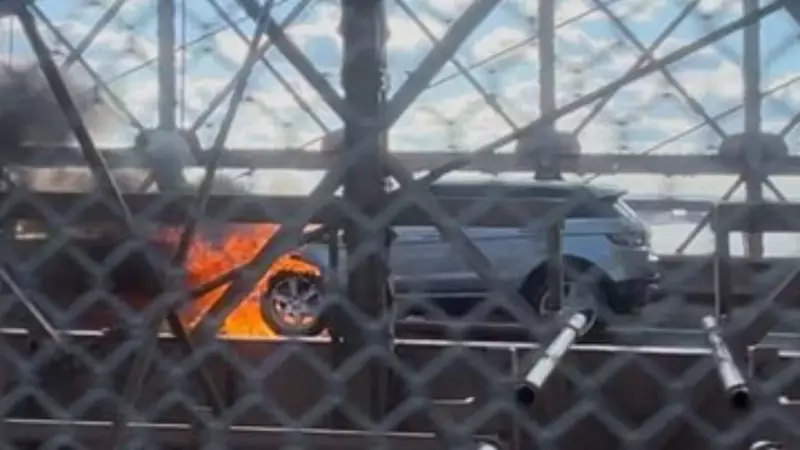 Dramatic Car Inferno on Brooklyn Bridge: SUV Fire Halts NYC Traffic | Shocking Video