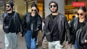 Ranveer Singh & Deepika Padukone Twin in Leather Jackets at Mumbai Airport After NYC Vacation