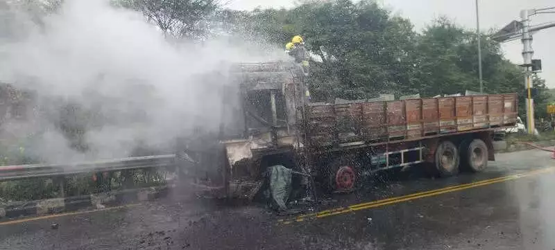 Truck Carrying Stones Gutted in Fire on Dharmapuri's Thoppur Ghat Road
