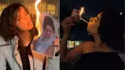 Iran Protests: Women Light Cigarettes from Burning Images of Ayatollah Khamenei