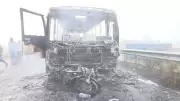 Krishnagiri Accident: 2 Injured as Bus, Bike Catch Fire on NH-77 After Car Overtakes