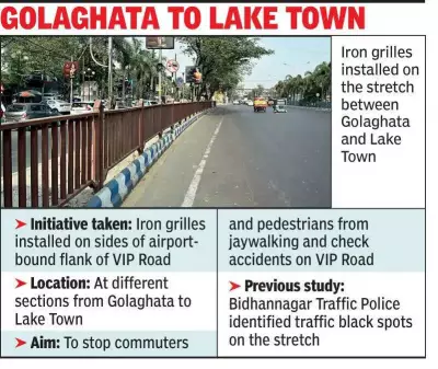 Kolkata PWD Installs Iron Grilles on VIP Road to Prevent Jaywalking Accidents