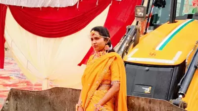 Bride Rides JCB Machine During Matkor Ritual in Uttar Pradesh Wedding