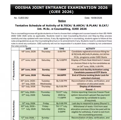 OJEE Counselling 2026 Schedule Released by Odisha Board
