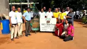 Plastic bottle drop bin from repurposed tree guards at Bengaluru stadium