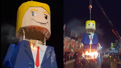 Lego Donald Trump Set Ablaze in Tehran During Khamenei Funeral in Iran's Mashhad